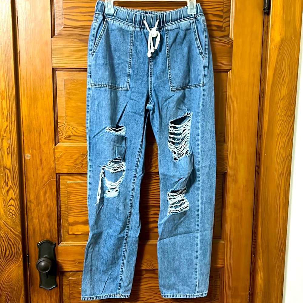 drawstring ripped straight leg jeans